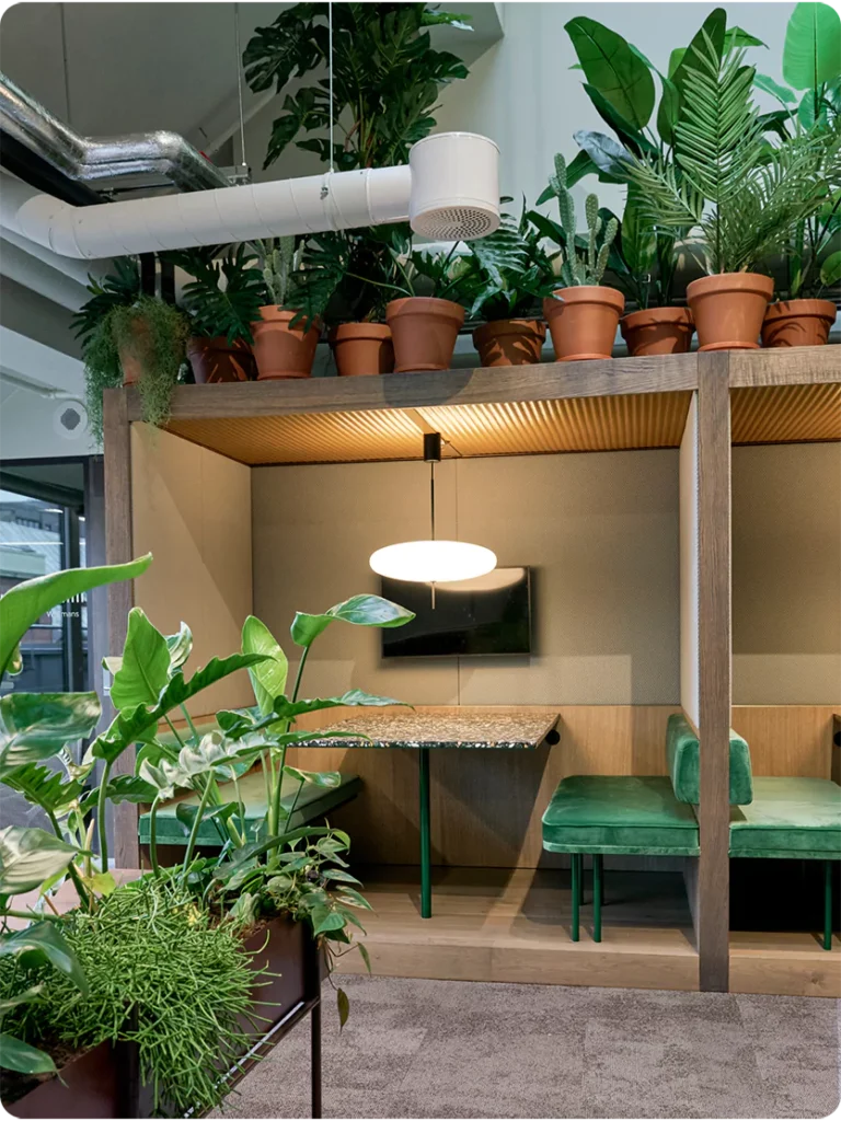 bildet viser et åpent kontorlandskap med masse planter og et samhandlingsrom med en skjerm