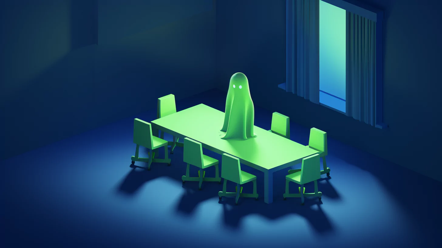 bilde av en neongrønns spøkelse i et tomt mørke blått møterom som skal illustrere fenomenet ghost bookings