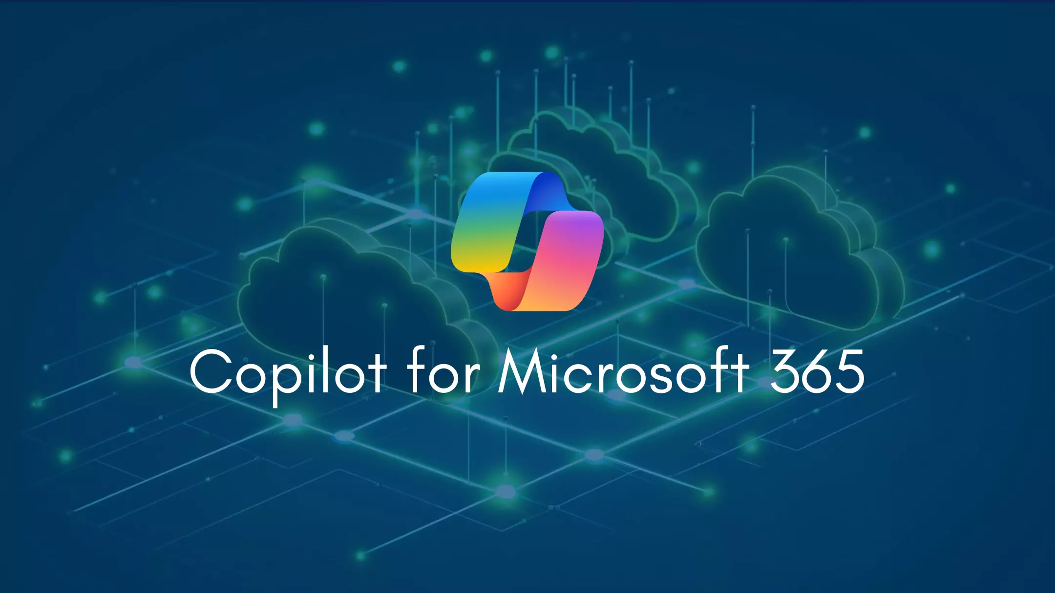 et bilde med isometriske grønne skyer, logoen for copilot og teksten "copilot for microsoft 365"
