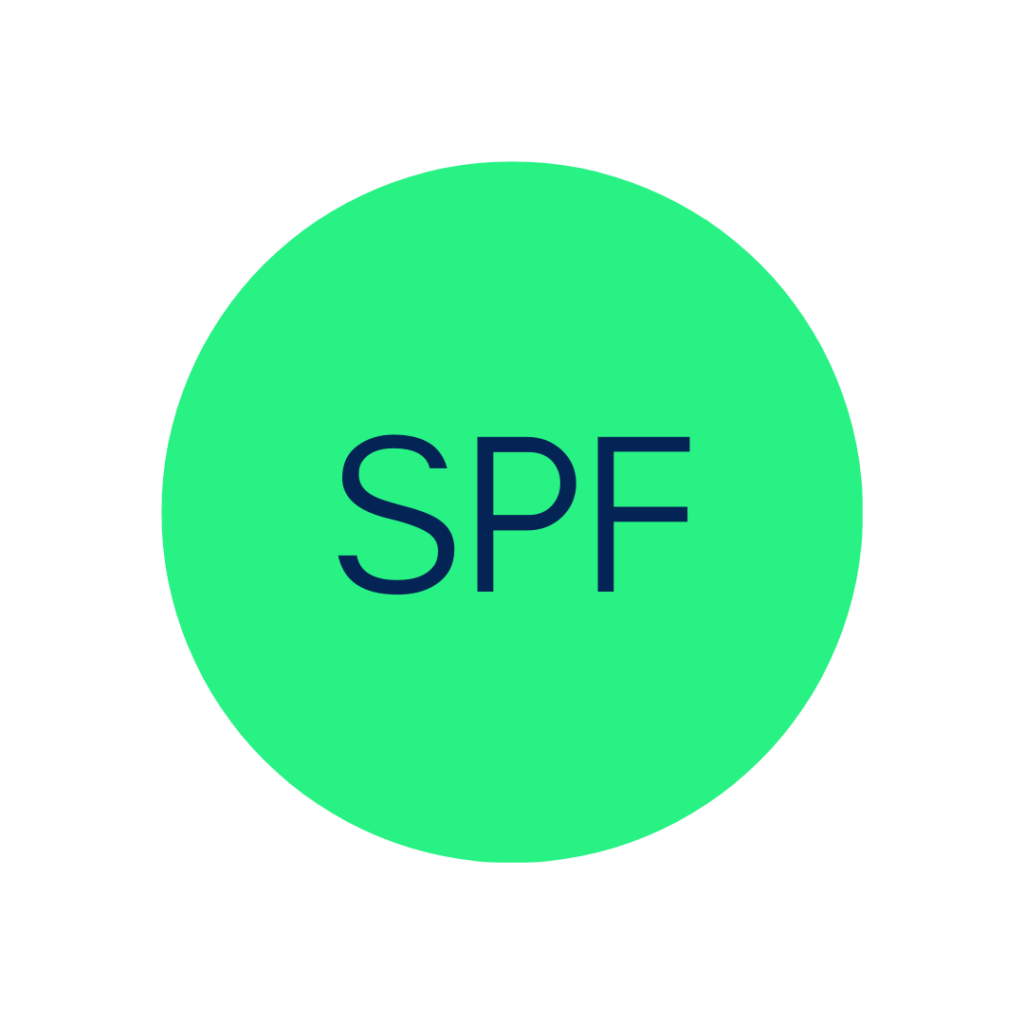 Grønn sirkel med teksten "SPF" skrevet i midten.