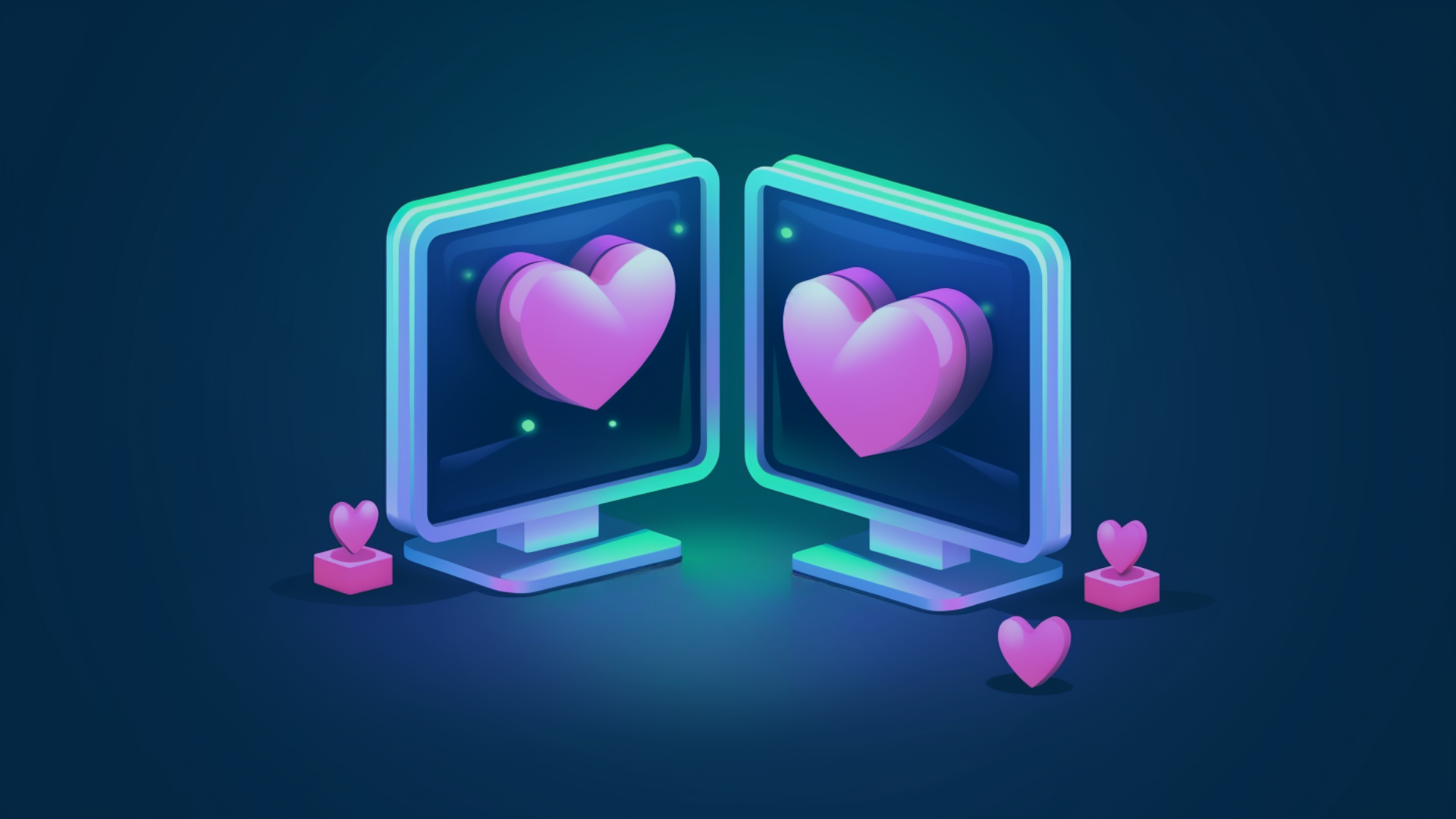 Illustrasjon i blått, grønt og rosa som viser to pc-skjermer med hjerter på skjermene. IT-partner.