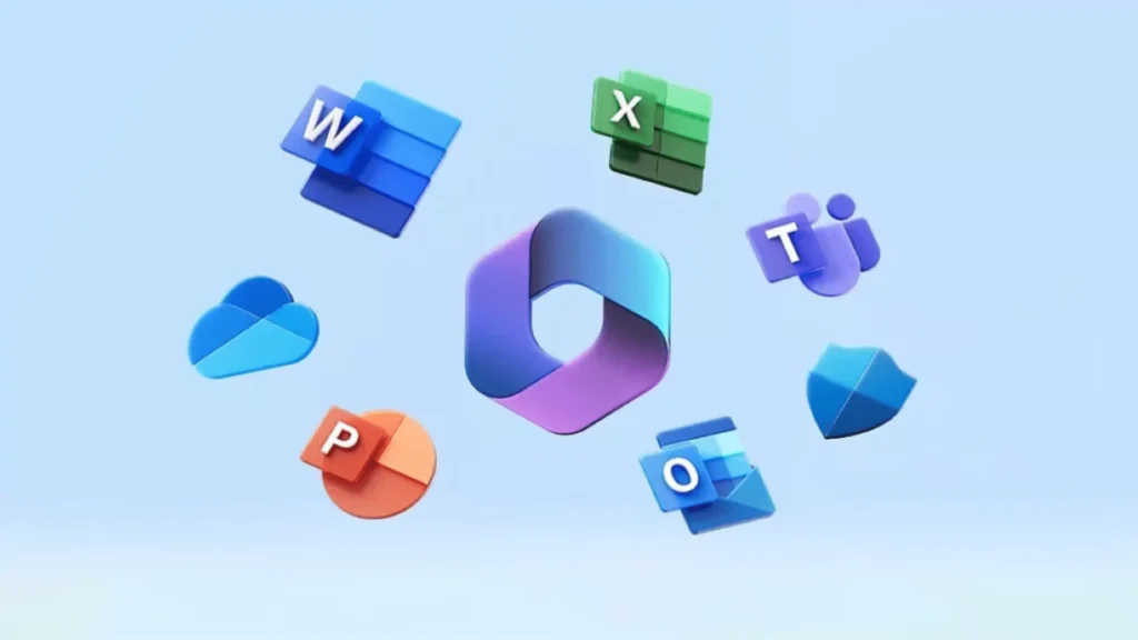 Microsoft Copilot. Bilde av Office 365 productivitetsapper som er plassert rundt Office 365-logoen