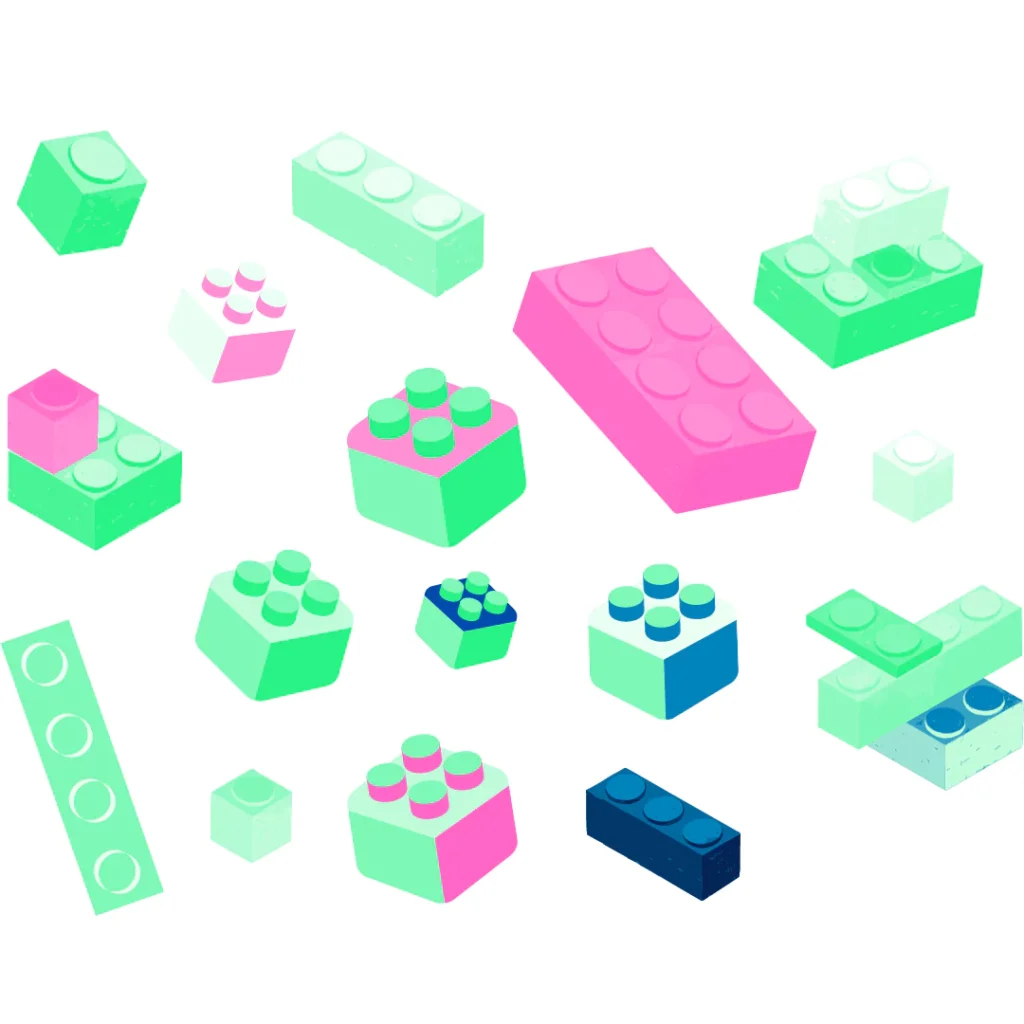 bilde av masse fargerike legoklosser i neongrønn, mørkblått og rosa for å illustrere hva det vil si å kjøpe direkte fra Microsoft