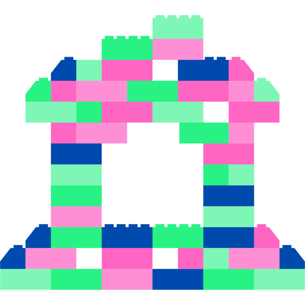 legohus i neongrønnt, rosa og mørkeblått for å illustrere hva det vil si å kjøpe Microsoftlisenser fra en partner