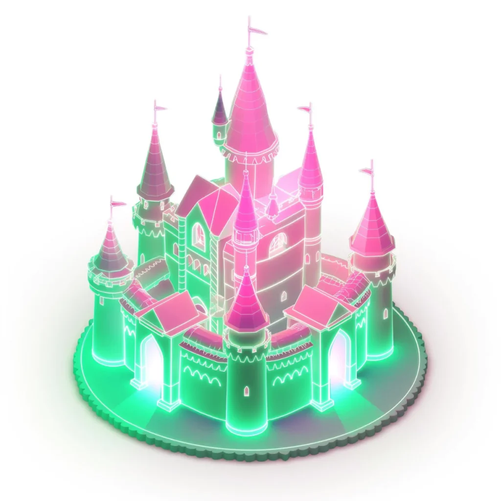 en isometrisk ikon av en borg for å symbolisere identitetssikkerhet i microsoft 365 og bravo 365. borgen er neongrønn og rosa.