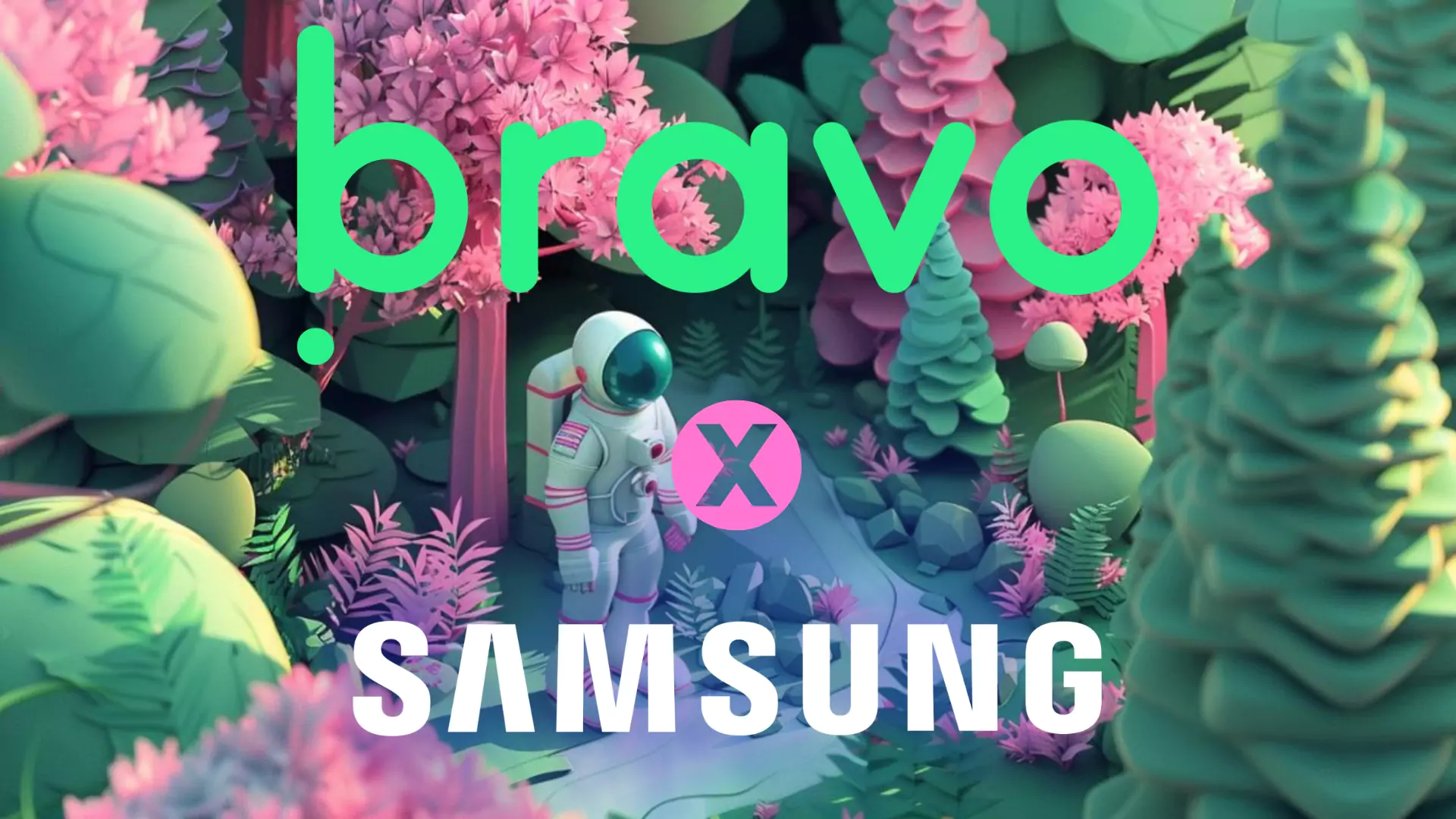 illustrasjon med en astonaut som går i en skog. samsung og bravo sin logo på bildet.