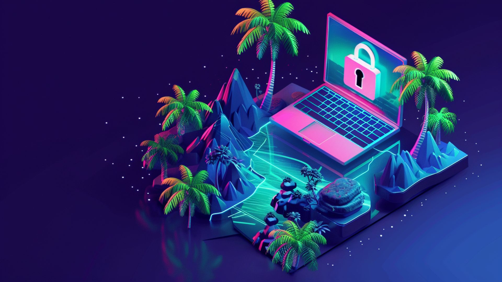 En rosa PC med bilde av en hengelås på skjermen, midt på en liten øy med palmetrær. IT-sikkerhet.